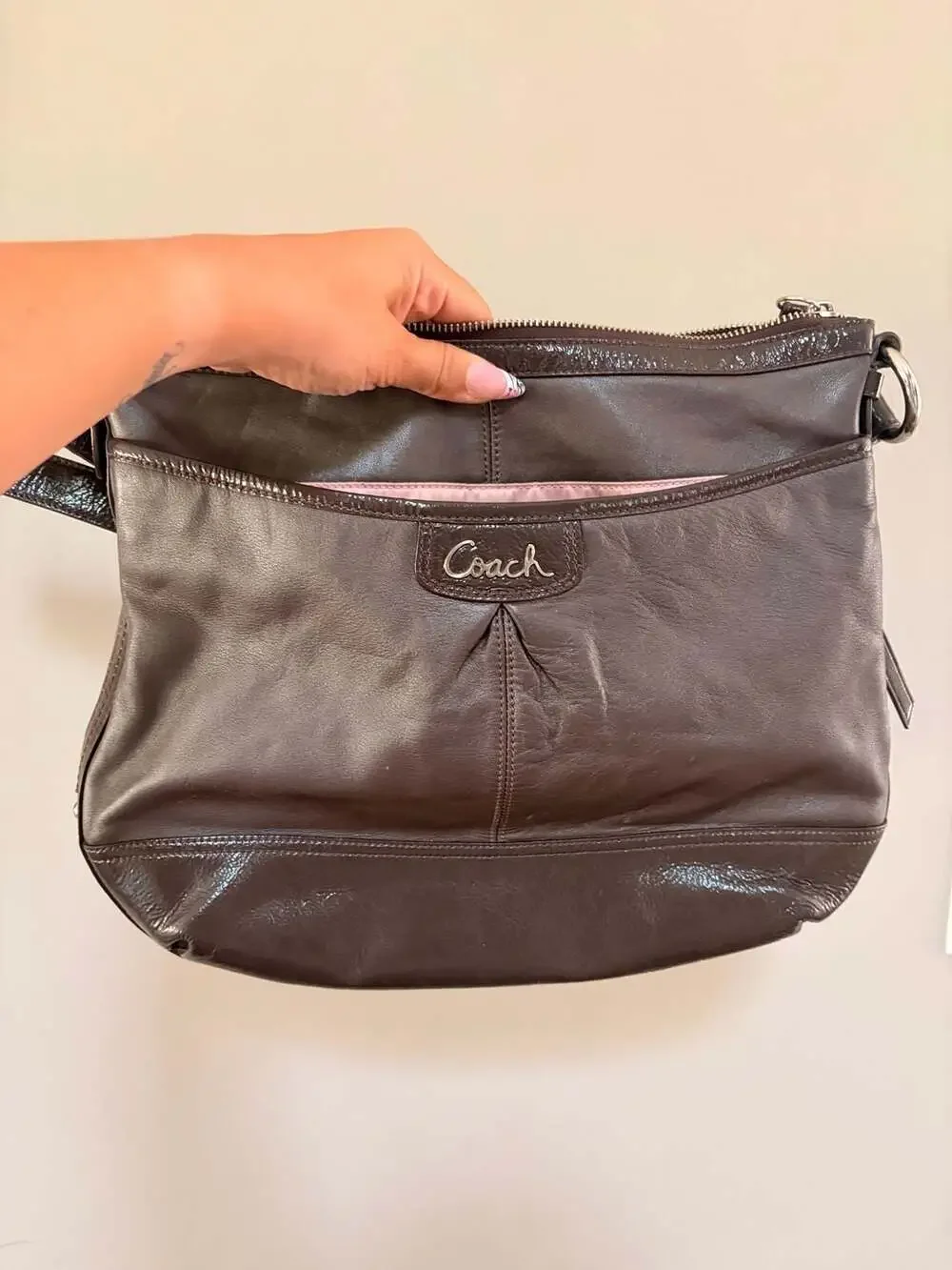 Coach F19726 Brown Leather and Patent Leather Convertible Shoulder Bag